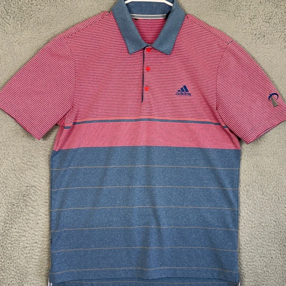 Adidas Golf Polo Shirt Mens Medium Pink Blue Colorblock Athletic Stretch Rugby